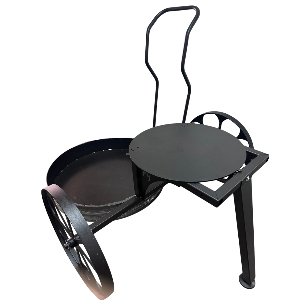 Fogonero CARRO MEDIEVAL Barbacoa con Parrilla Laser+ Plancha bifera + Leñero + Asador Libro. Paellero de Jardín