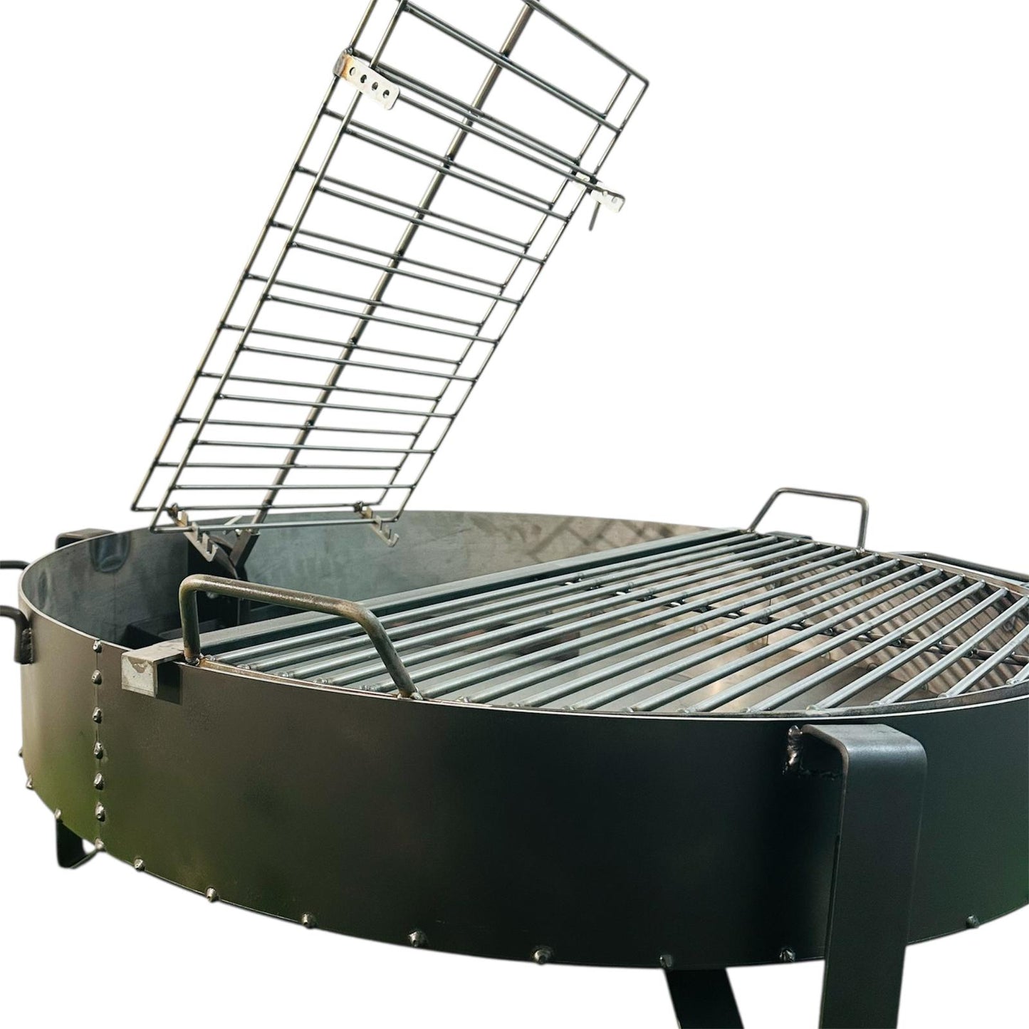Barbacoa. Parrilla Semicircular + Asador Libro. Fogonero Sambo 1 metro. Paellero de Jardin. Diseño Moderno