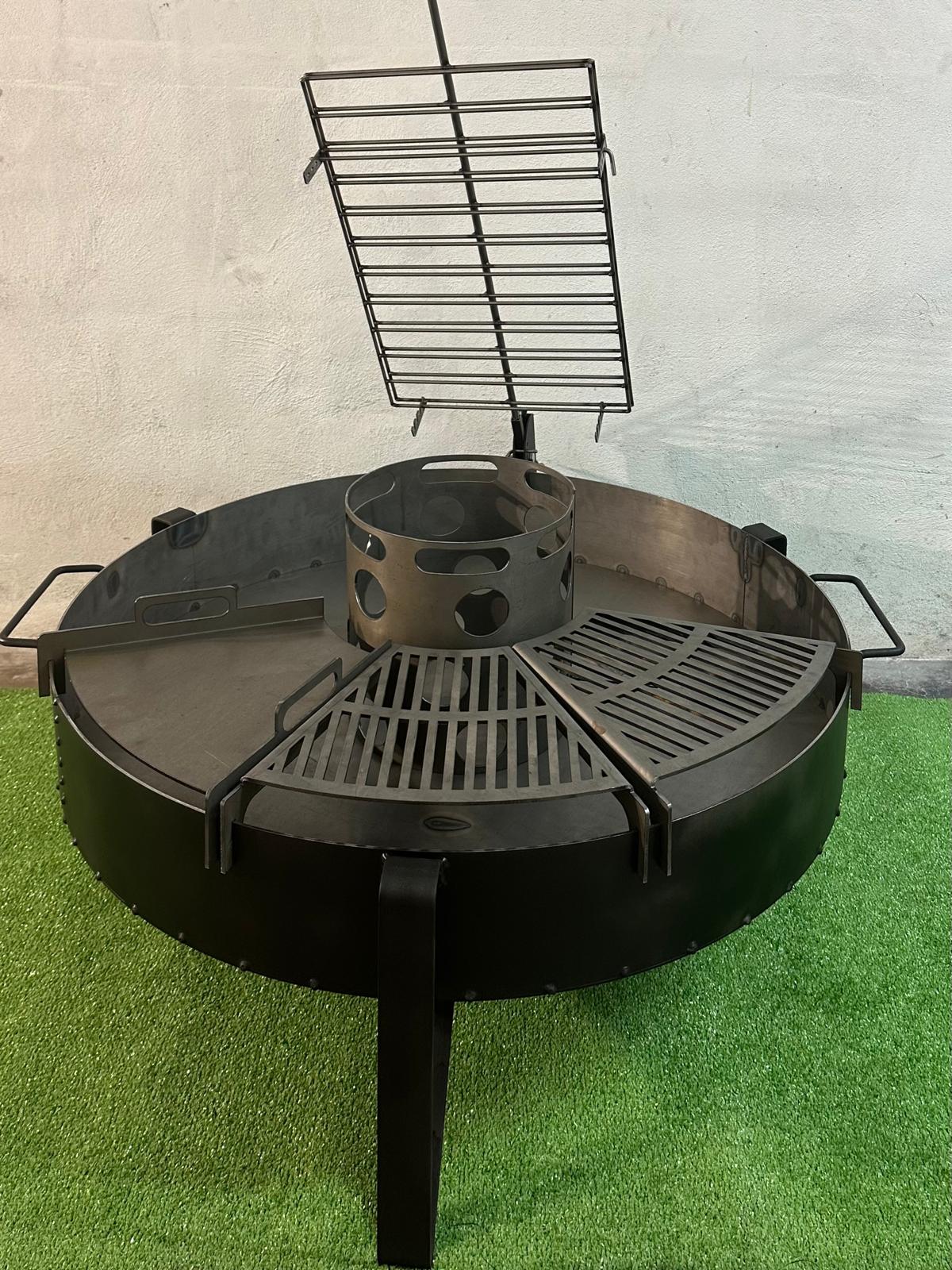 Barbacoa. Parrilla Semicircular + Asador Libro. Fogonero Sambo 1 metro. Paellero de Jardin. Diseño Moderno