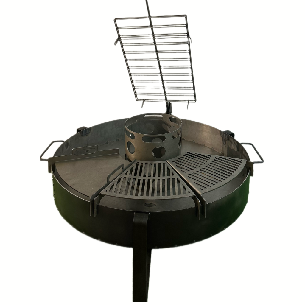 Barbacoa. Parrilla Semicircular + Asador Libro. Fogonero Sambo 1 metro. Paellero de Jardin. Diseño Moderno