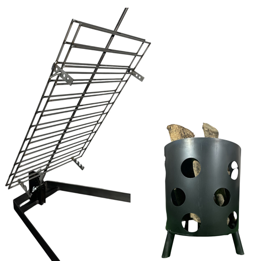 Combo Asador + Leñero: Estaca Libro Hierro Emparrillado 50X35 con Base