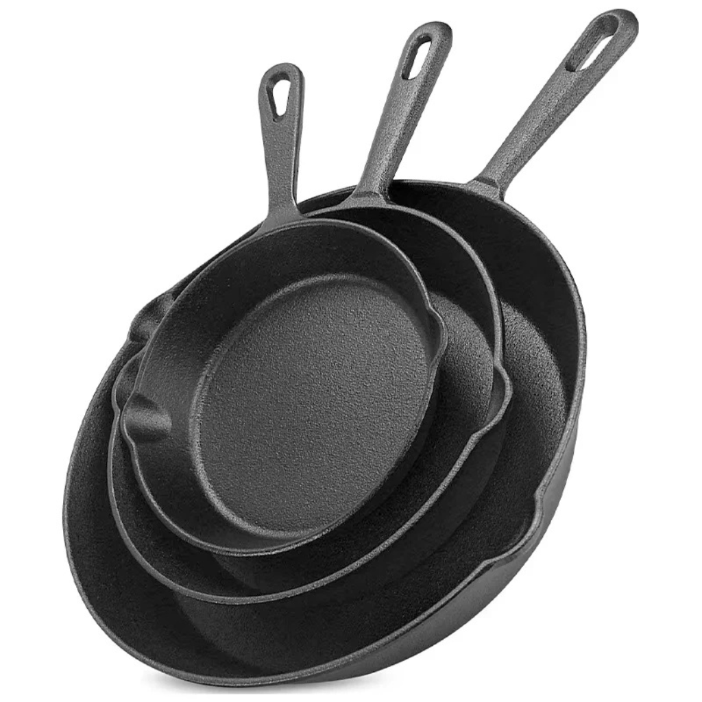 Sartén de hierro fundido antiadherente sin revestimiento, color negro, set x3 piezas, 16/20/26 cm, apta para cocinar alimentos fritos y saltear, utensilios de cocina