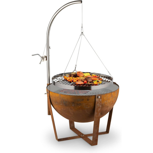 Barbacoa | Fogonero | Brasero Con Parrilla, Parrilla Circular, Diámetro Brasero De 60 Cm, Diámetro Parrilla De 59 Cm, Dimisión Total 60 X 120 Cm, Color Marron: Estética Oxidada, Altura Regulable