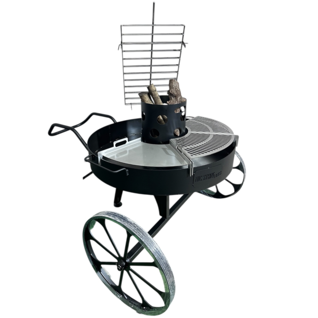 Fogonero CARRO MEDIEVAL Barbacoa con Parrilla Laser+ Plancha bifera + Leñero + Asador Libro. Paellero de Jardín