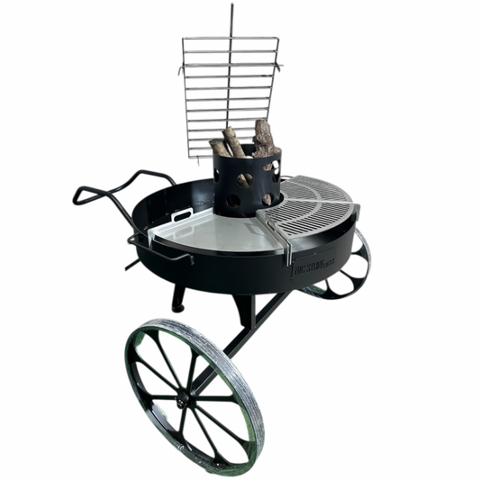Fogonero CARRO MEDIEVAL Barbacoa con Parrilla Laser+ Plancha bifera + Leñero + Asador Libro. Paellero de Jardín