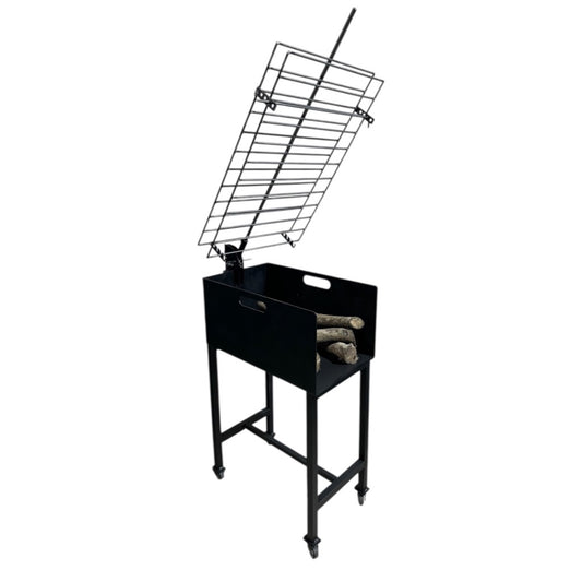 Brasero/Leñero Individual con ruedas + Asador Libro 50x35cm