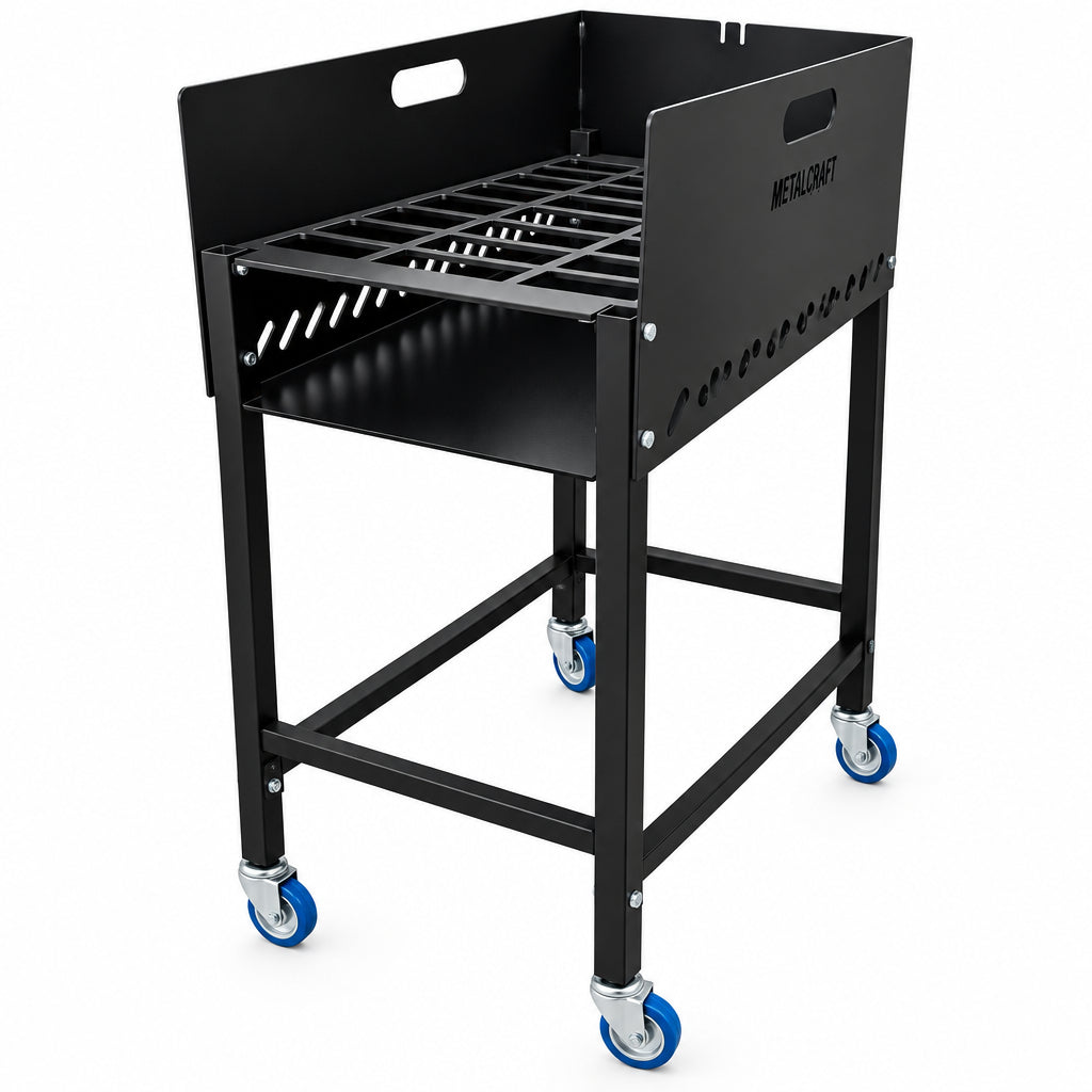 Brasero/Leñero Individual con ruedas + Asador Libro 50x35cm