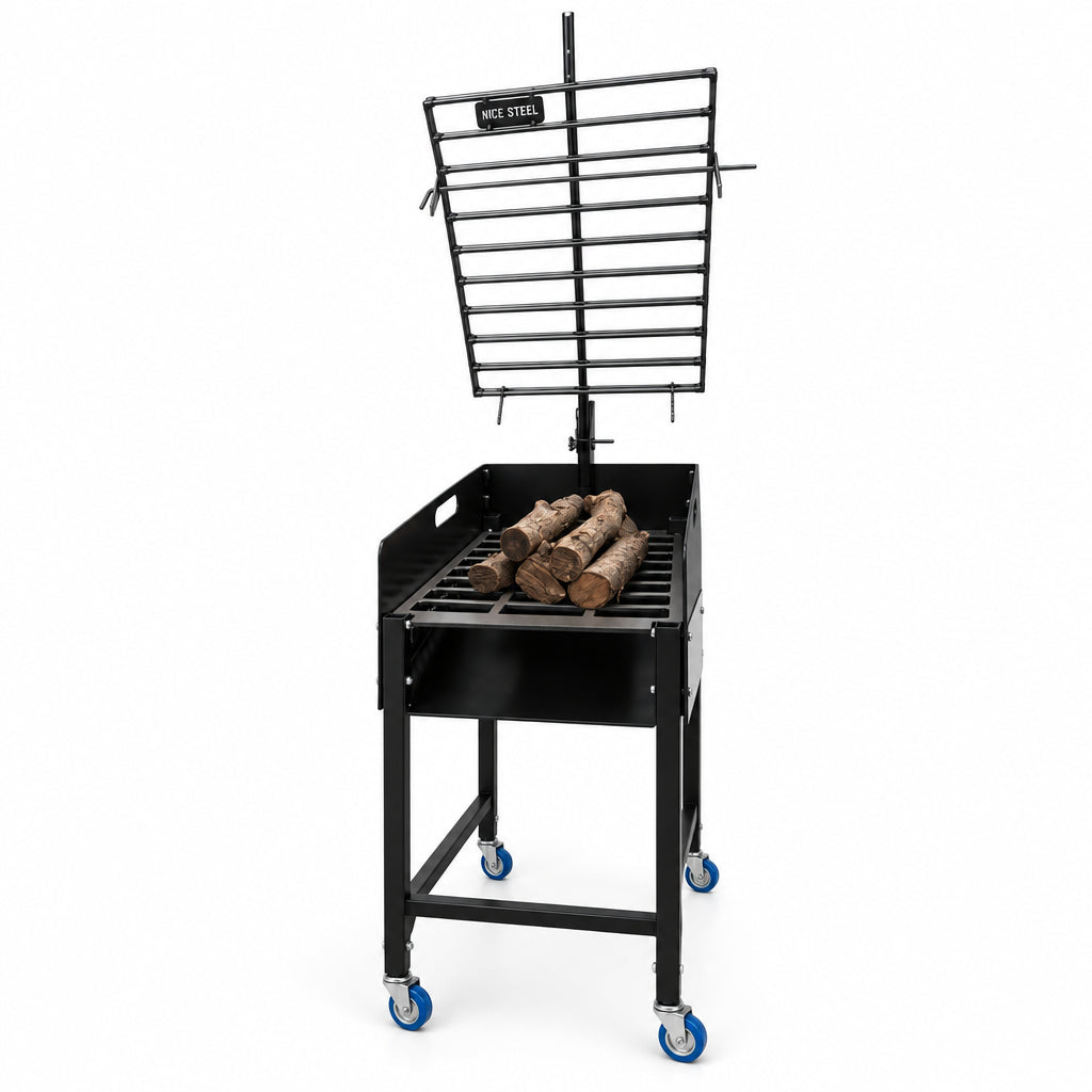 Brasero/Leñero Individual con ruedas + Asador Libro 50x35cm