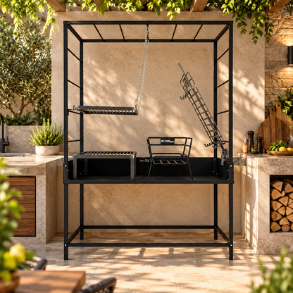 Parrilla TORO: Pórtico Desmontable 120x60x185. Parrillas + Leñero + Asador