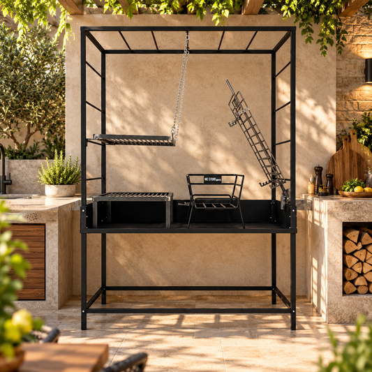 Parrilla TORO: Pórtico Desmontable 120x60x185. Parrillas + Leñero + Asador