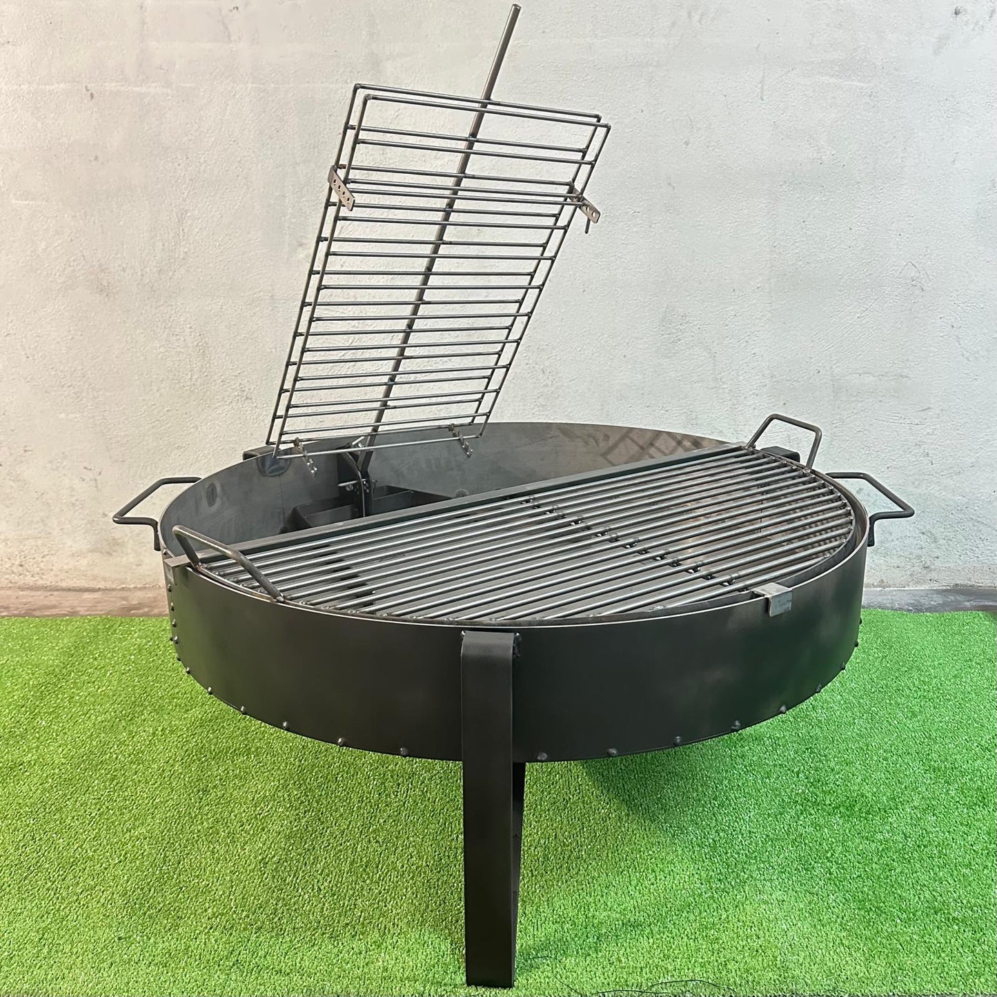Barbacoa. Parrilla Semicircular + Asador Libro. Fogonero Sambo 1 metro. Paellero de Jardin. Diseño Moderno