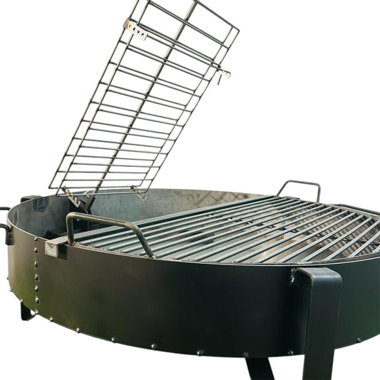 Barbacoa. Parrilla Semicircular + Asador Libro. Fogonero Sambo 1 metro. Paellero de Jardin. Diseño Moderno